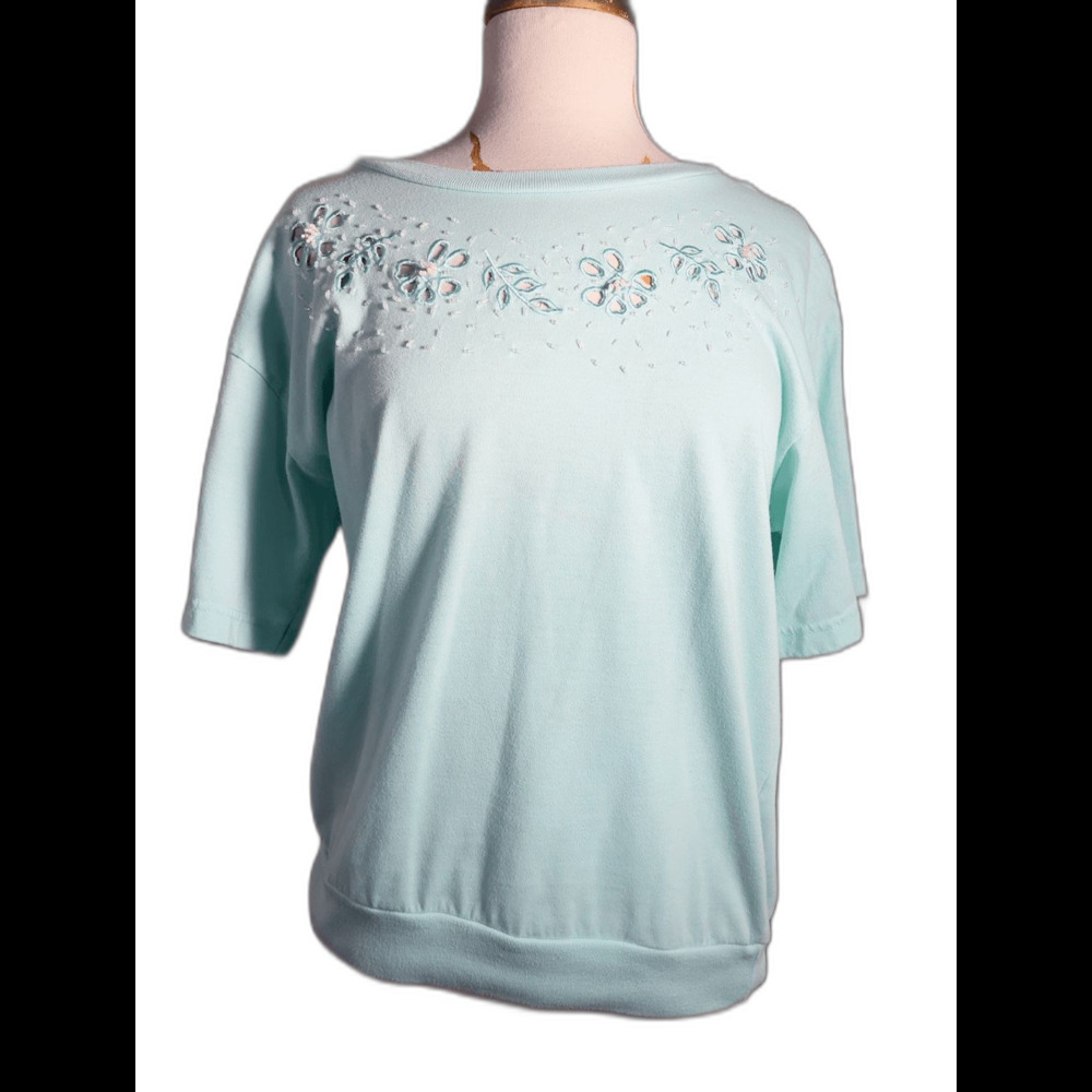 Jason Maxwell Blouse Size L 80's Seafoam Blue Beaded Coastal Grandmother Top